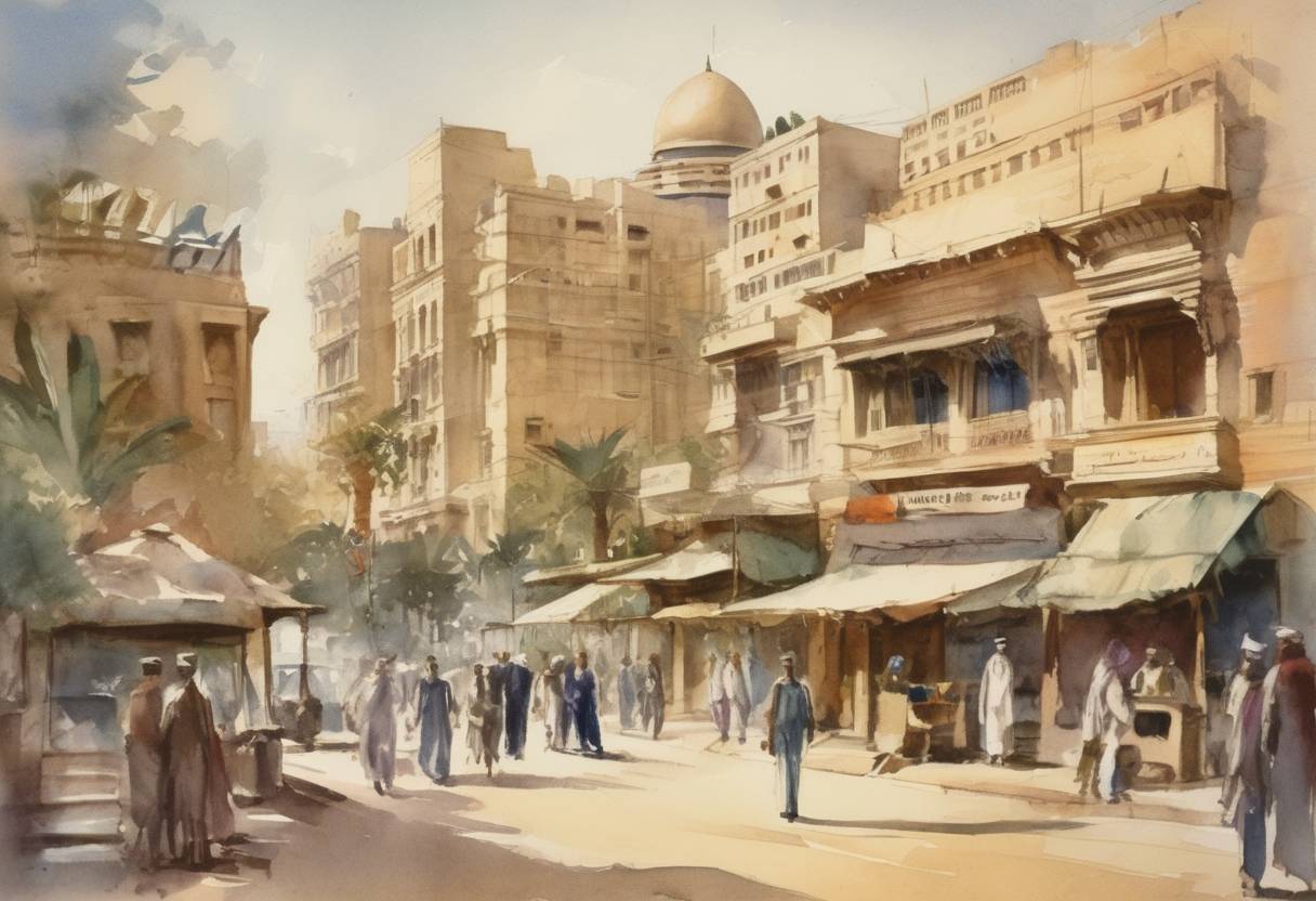 Watercolor painting based depiction of The Arab League was founded in Cairo, Egypt, with six member states: Egypt, Iraq, Transjordan (now Jordan), Lebanon, Saudi Arabia, and Syria. (1945)