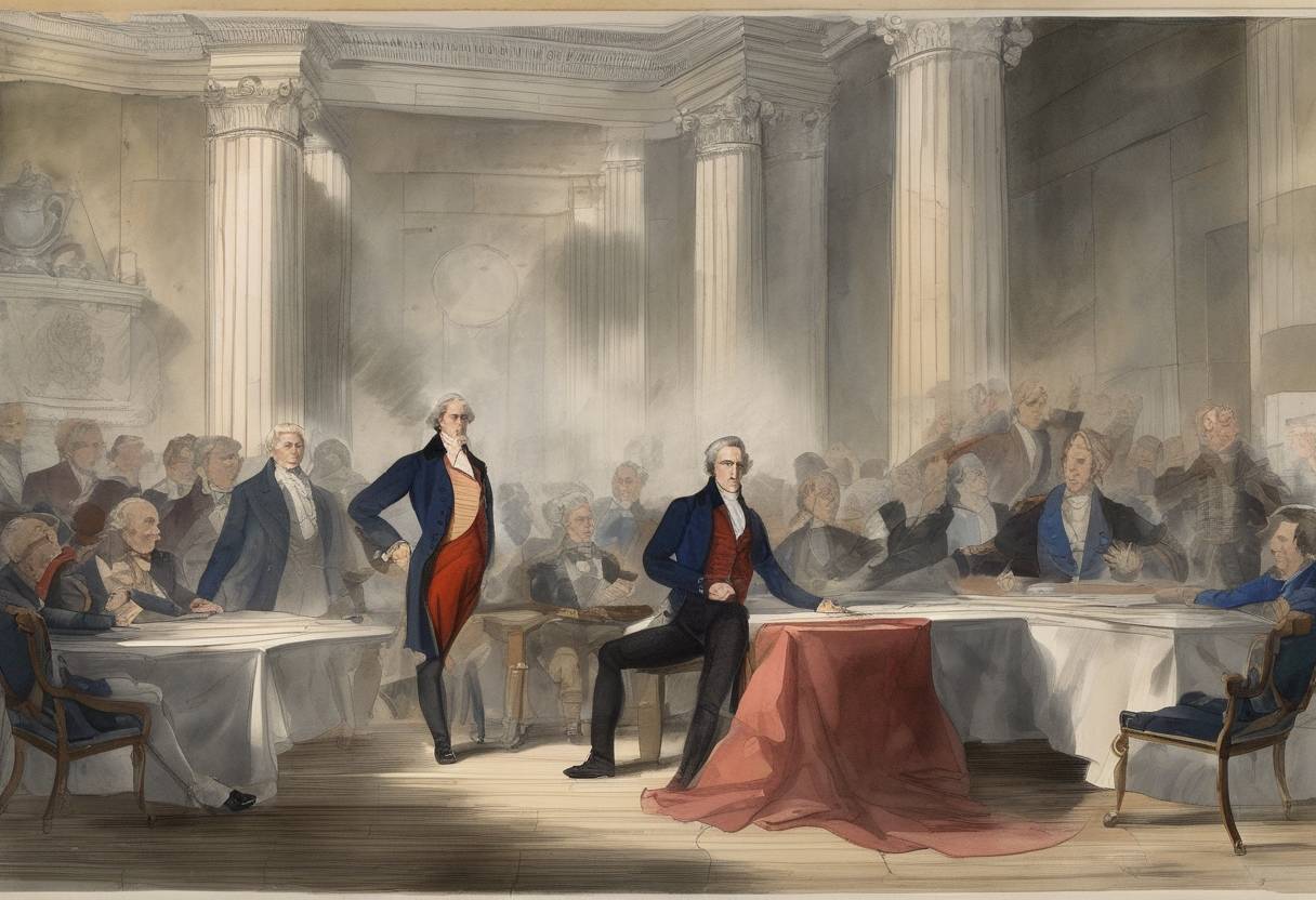Watercolor painting based depiction of Richard Lawrence attempted to assassinate U.S. President Andrew Jackson, marking the first assassination attempt on a sitting U.S. president. (1835)