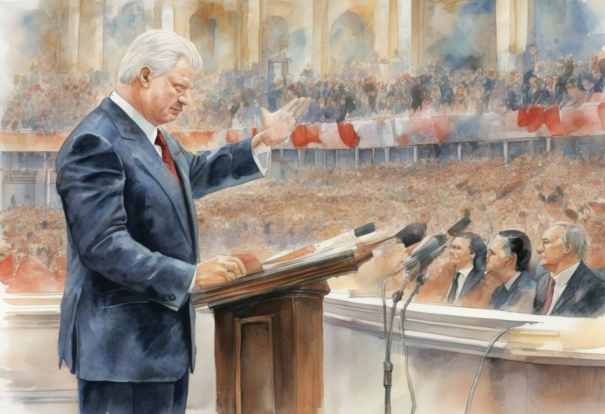 Watercolor painting based depiction of Boris Yeltsin was sworn in as the first elected President of Russia. (1991)