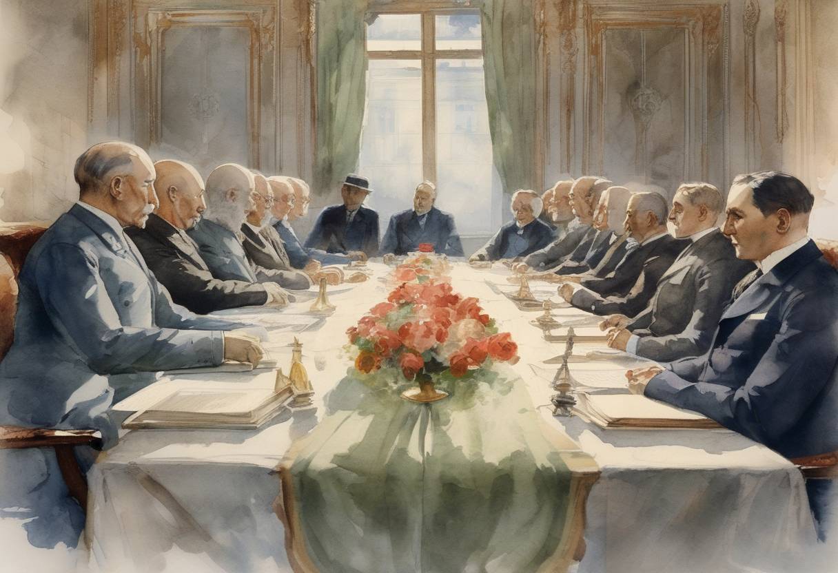 Watercolor painting based depiction of The Paris Peace Conference opened to negotiate peace treaties ending World War I, leading to the Treaty of Versailles. (1919)