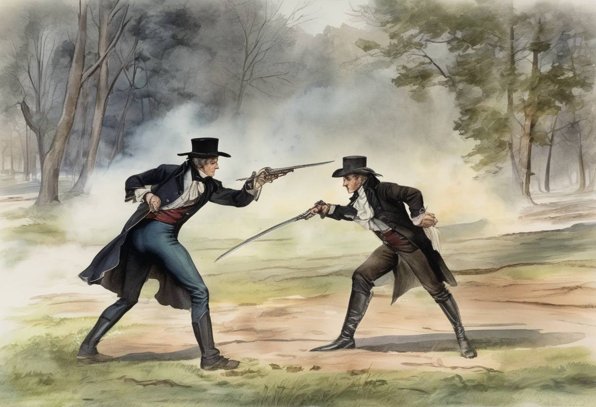 Watercolor painting based depiction of Future U.S. President Andrew Jackson killed Charles Dickinson in a duel after a long-standing dispute. The duel took place in Logan County, Kentucky, and was one of many duels Jackson participated in during his lifetime. (1806)