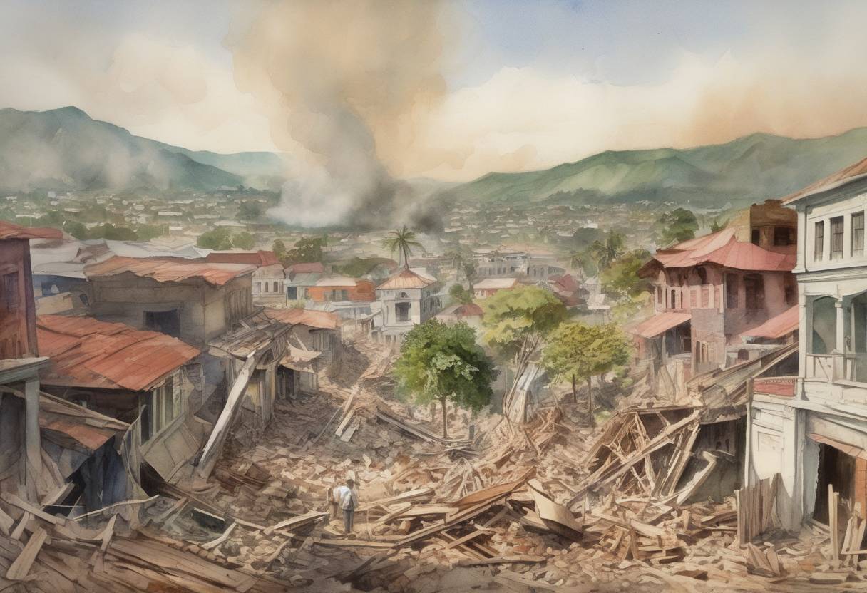Watercolor painting based depiction of An earthquake in Kingston, Jamaica, kills more than 1,000 people and causes extensive damage. (1907)