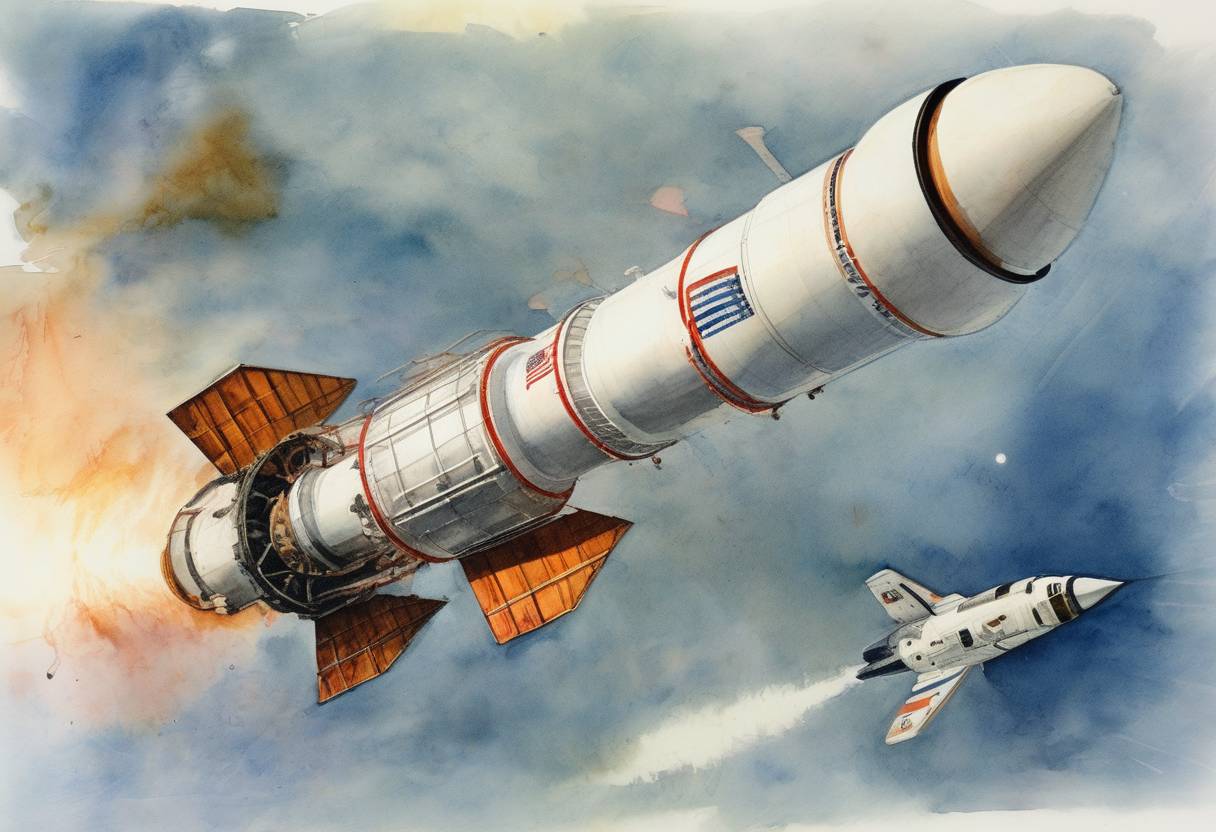 Watercolor painting based depiction of The Apollo-Soyuz Test Project, the first international human spaceflight mission, is launched, marking a significant moment of cooperation between the United States and the Soviet Union during the Cold War. (1975)