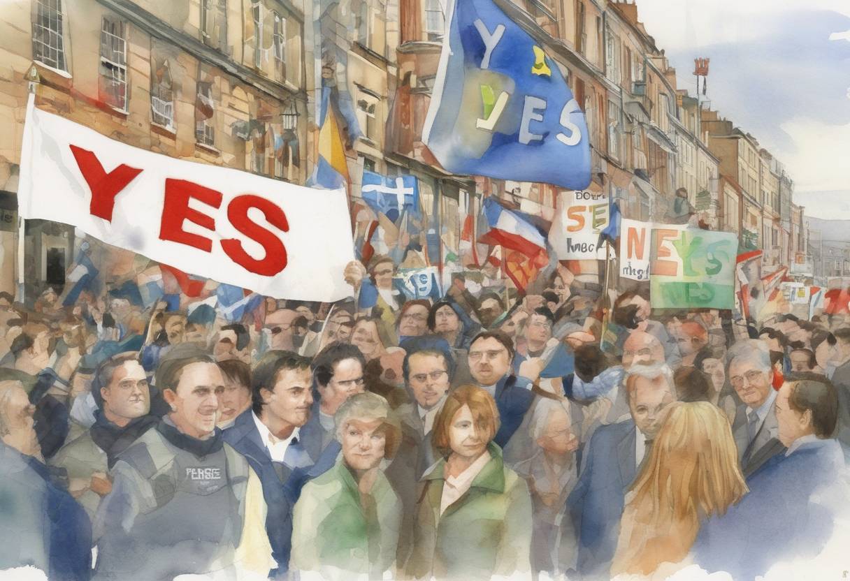 Watercolor painting based depiction of The 'Yes' campaign for the Treaty of Nice referendum was launched in Ireland, aiming to secure public approval for the treaty which was crucial for the enlargement of the European Union. (2002)
