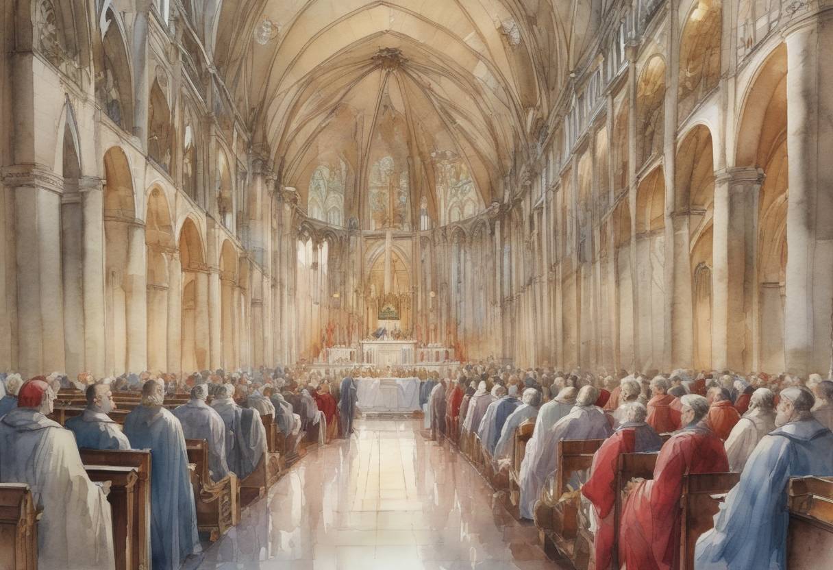 Watercolor painting based depiction of The Synod of Paris, a significant ecclesiastical council, was held to address issues within the Frankish church. (850)