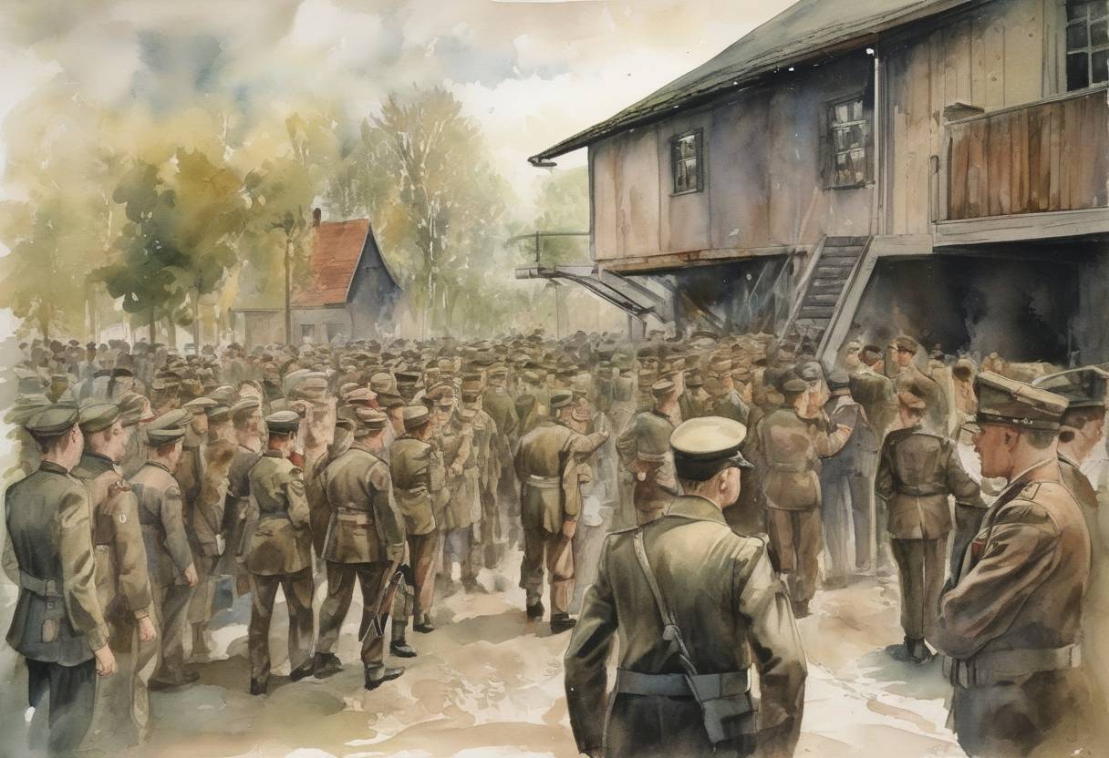 Watercolor painting based depiction of The 20 July plot, an attempt to assassinate Adolf Hitler, failed. The plot was led by Claus von Stauffenberg and other conspirators within the German military. (1944)