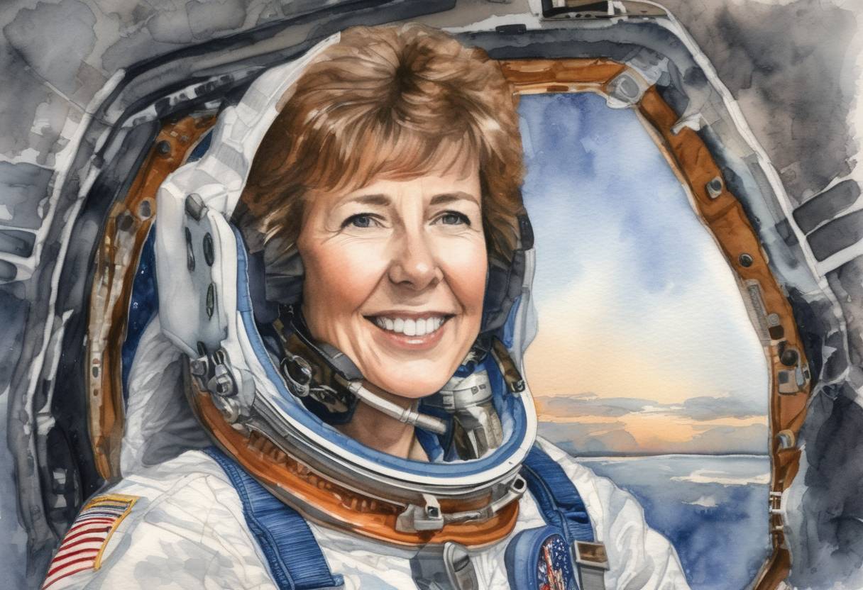 Watercolor painting based depiction of Astronaut Eileen Collins became the first woman to pilot the Space Shuttle during the Discovery's mission STS-63. (1995)