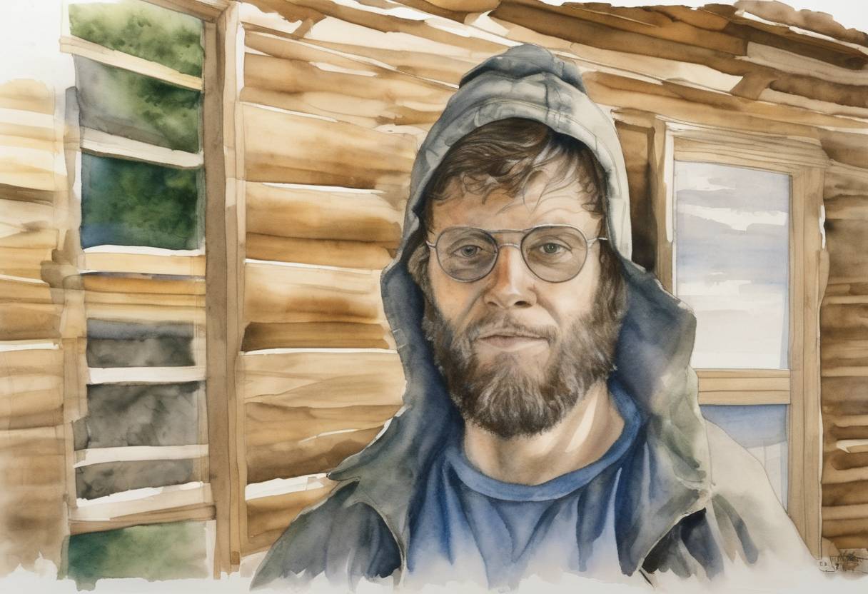 Watercolor painting based depiction of The Unabomber, Ted Kaczynski, was arrested at his cabin in Montana. (1996)