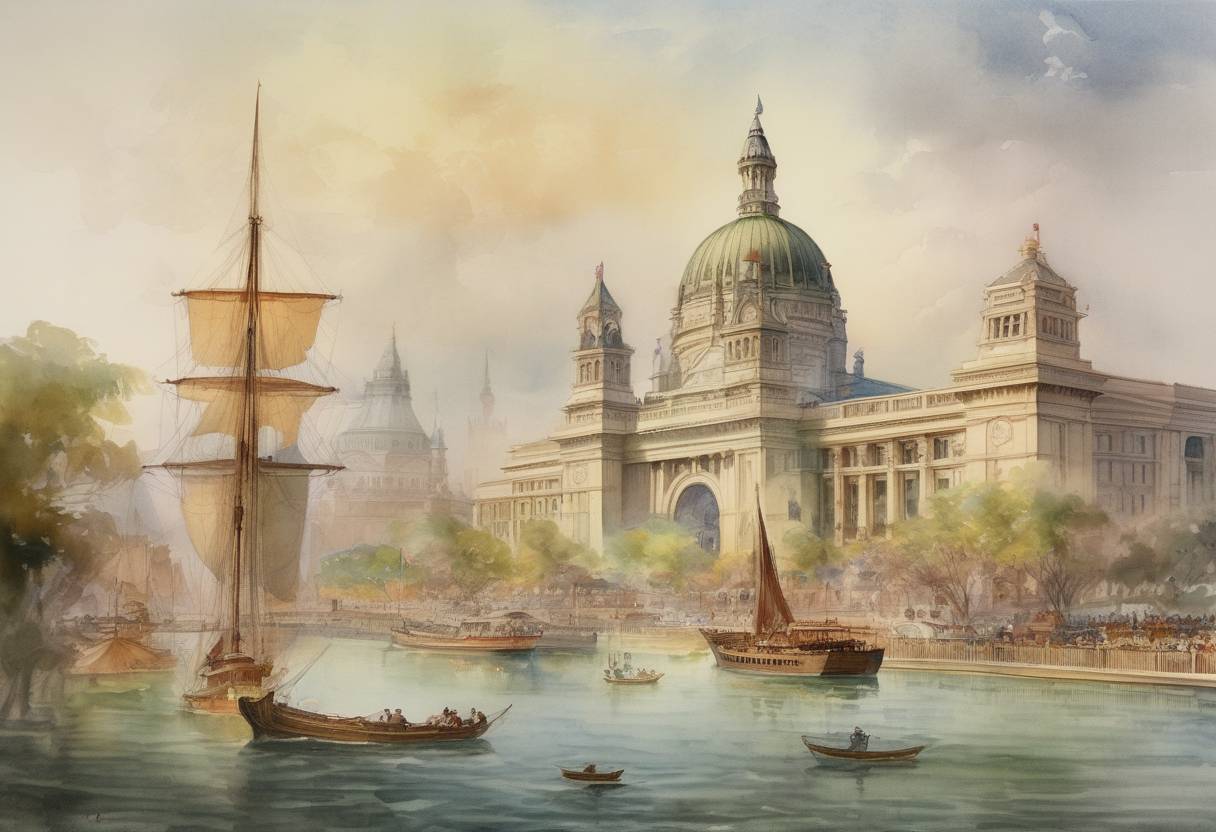 Watercolor painting based depiction of The World's Columbian Exposition opened in Chicago, celebrating the 400th anniversary of Christopher Columbus's arrival in the New World. (1893)