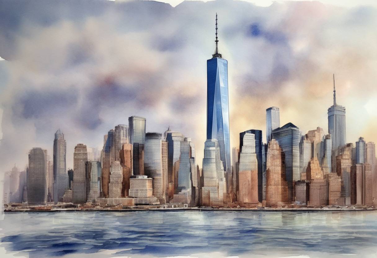 Watercolor painting based depiction of One World Trade Center became the tallest building in the Western Hemisphere when the final piece of the spire was installed, bringing its total height to 1,776 feet. (2013)