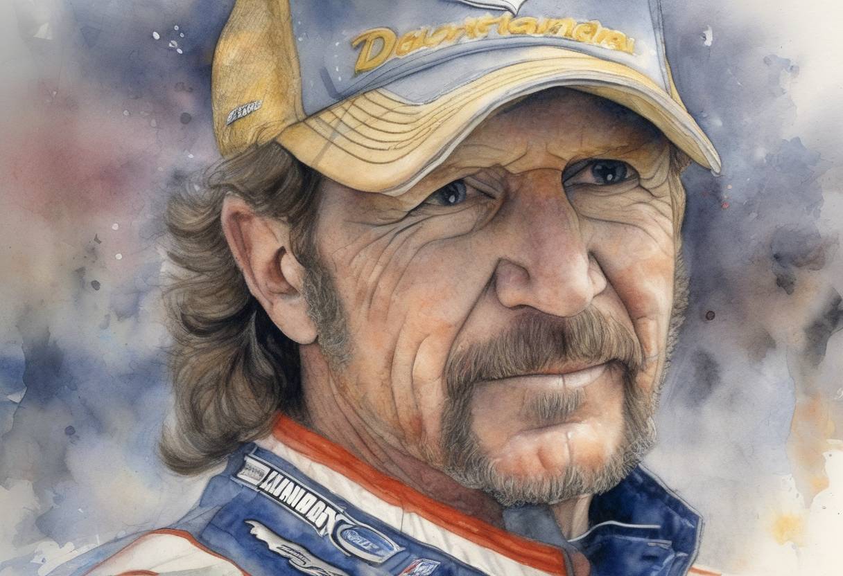 Watercolor painting based depiction of Dale Earnhardt, a legendary NASCAR driver, died in a crash during the final lap of the Daytona 500. (2001)