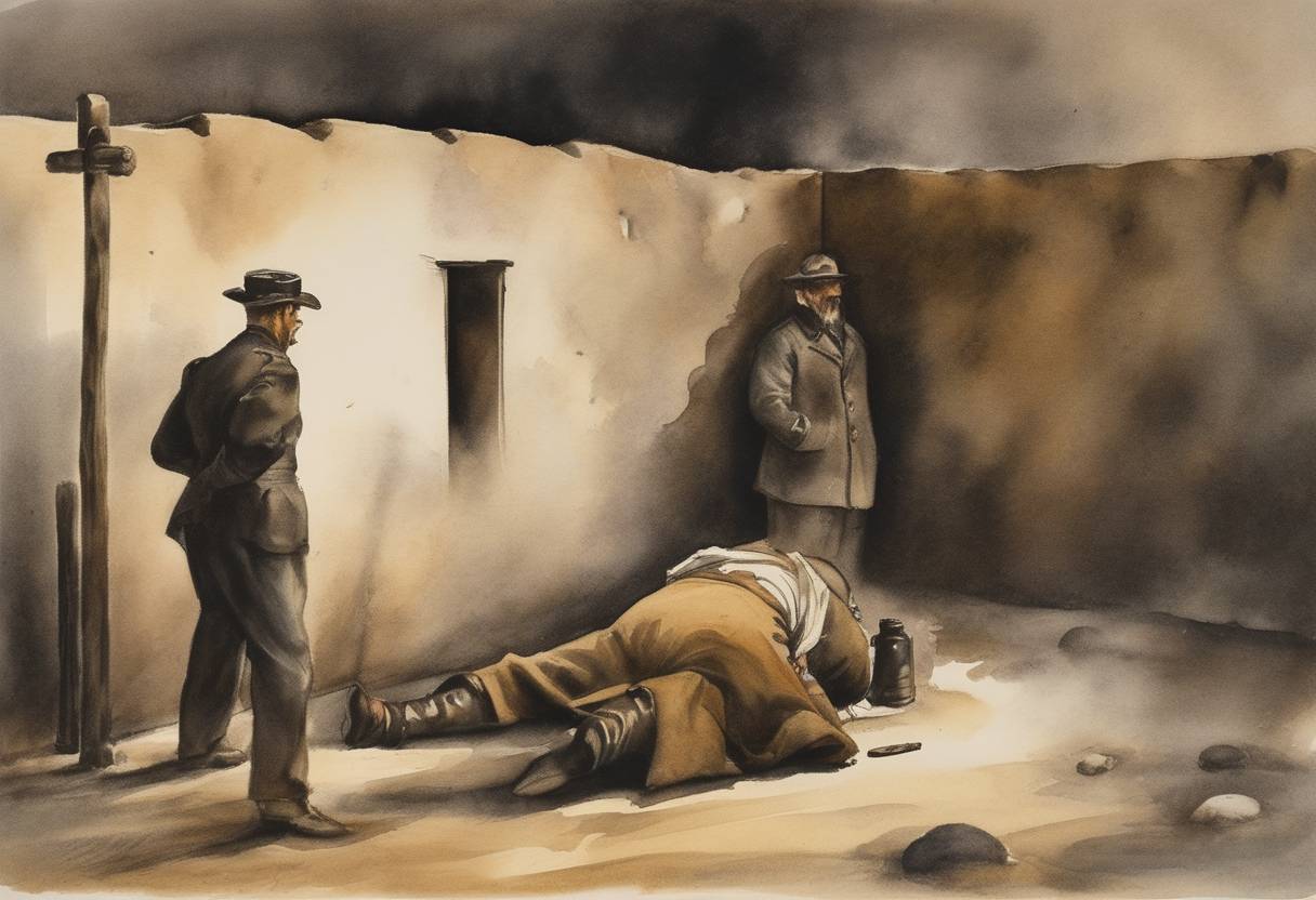 Watercolor painting based depiction of The first execution by gas chamber in the United States took place in Nevada, with Gee Jon as the first person executed by this method. (1924)