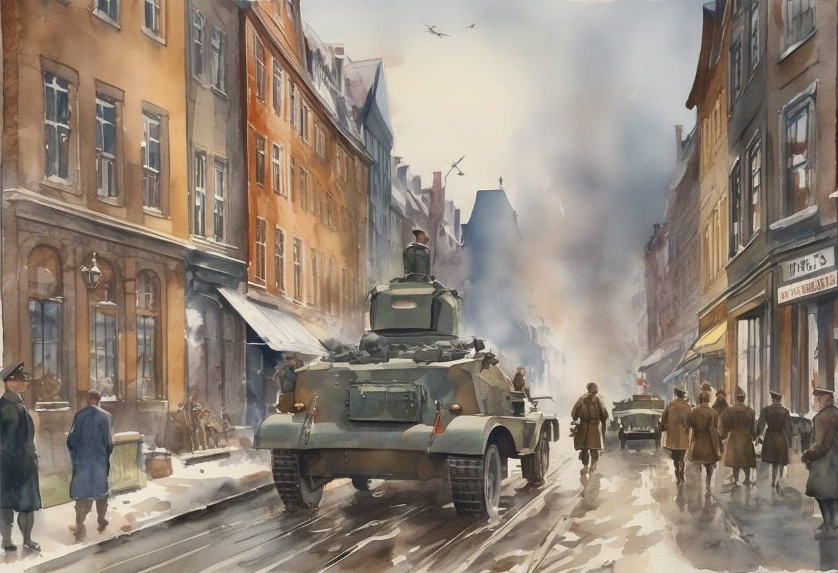 Watercolor painting based depiction of Germany invaded Denmark and Norway during World War II, beginning Operation Weserübung. (1940)