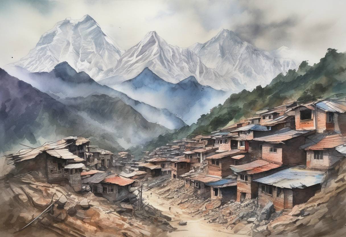 Watercolor painting based depiction of A devastating earthquake struck Nepal, causing widespread destruction and loss of life, with a magnitude of 7.8. It was one of the deadliest earthquakes in the country's history. (2015)
