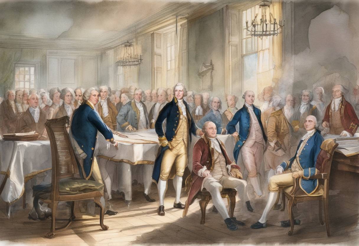 Watercolor painting based depiction of The First Virginia Convention adopted the Virginia Declaration of Rights, which influenced the United States Declaration of Independence and the Bill of Rights. (1776)