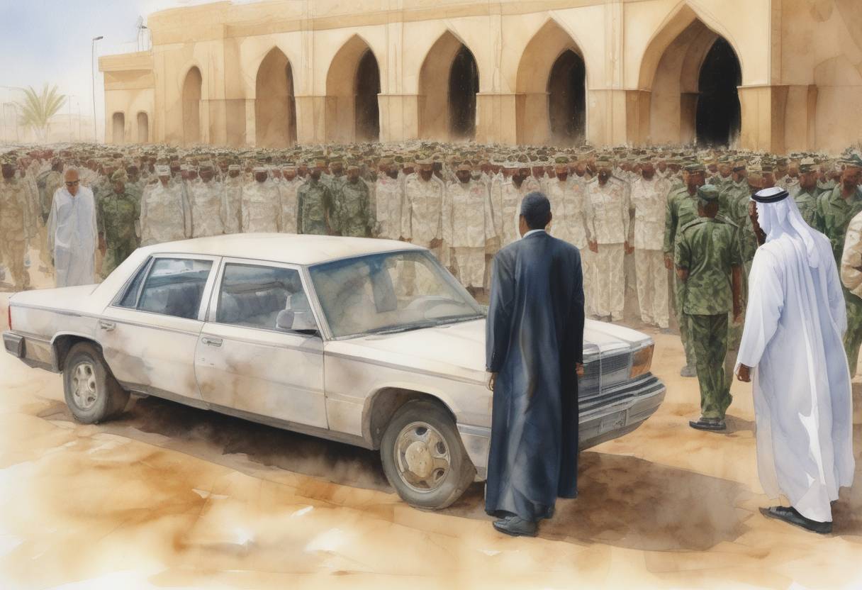 Watercolor painting based depiction of Mauritania experiences a coup d'état, with President Maaouya Ould Sid'Ahmed Taya being overthrown while he was attending the funeral of King Fahd of Saudi Arabia. (2005)