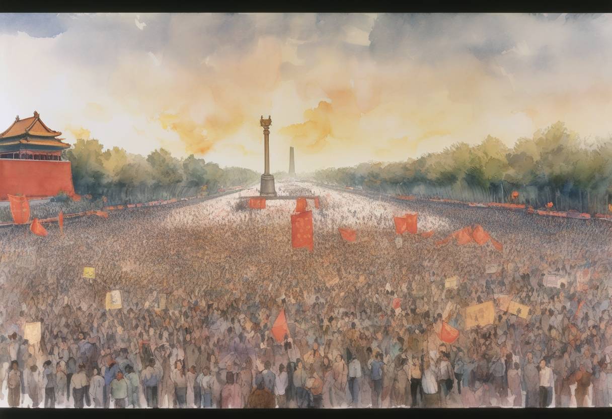 Watercolor painting based depiction of The Tiananmen Square protests in Beijing, China, reach a climax as the Chinese government declares martial law and begins a military crackdown. (1989)
