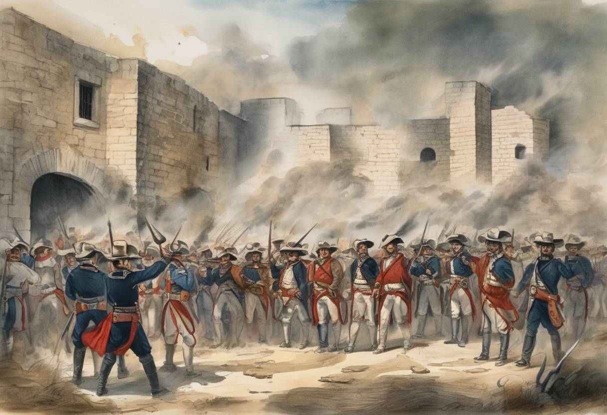 Watercolor painting based depiction of The Battle of the Alamo ends after a 13-day siege by Mexican troops led by General Santa Anna, resulting in the fall of the Alamo mission in San Antonio, Texas. (1836)