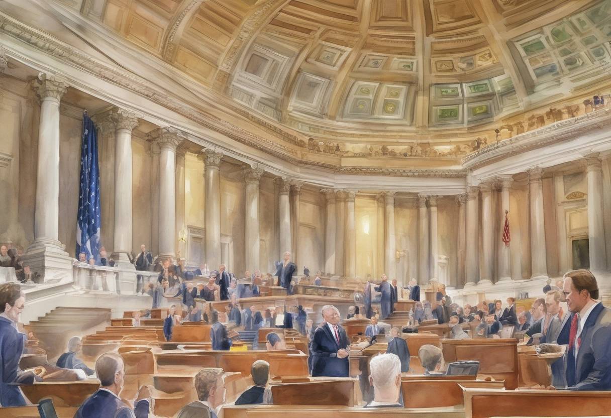Watercolor painting based depiction of The United States Senate passes the Economic Growth and Tax Relief Reconciliation Act of 2001, which includes significant tax cuts. (2001)