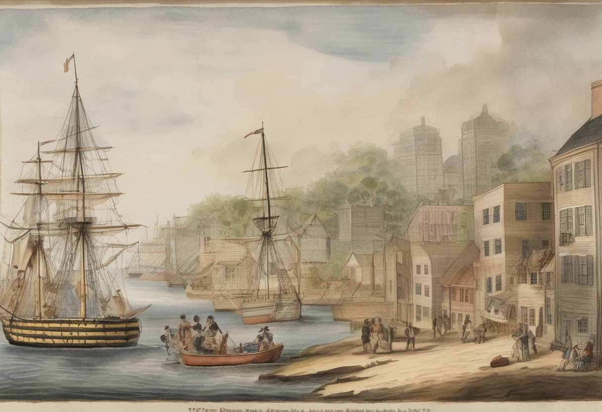 Watercolor painting based depiction of Rhode Island became the first of Britain's North American colonies to ban the importation of slaves, marking an early legislative step against slavery. (1774)