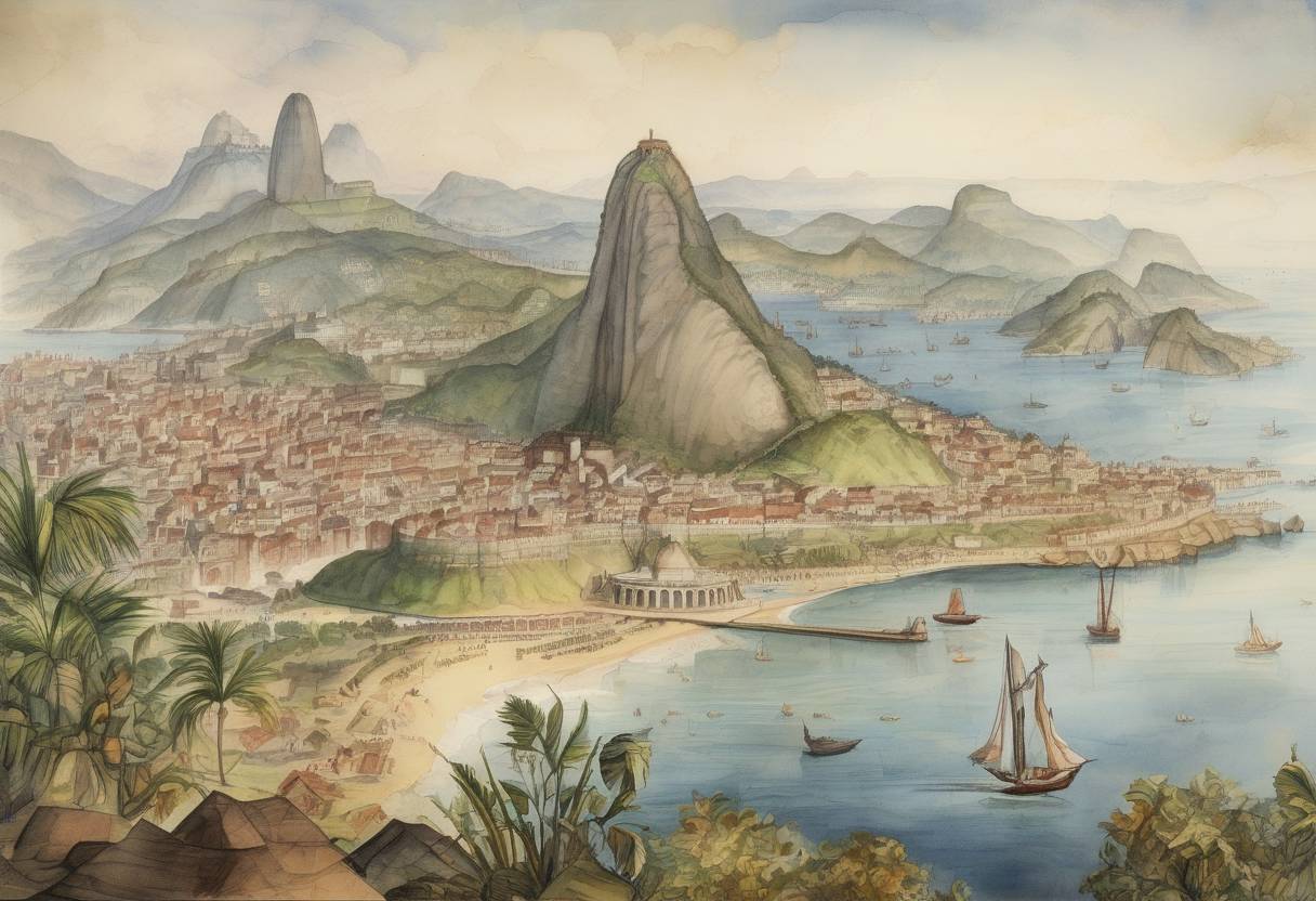 Watercolor painting based depiction of The city of Rio de Janeiro was founded by the Portuguese as a strategic defense against French privateers who were attempting to control the area. (1565)