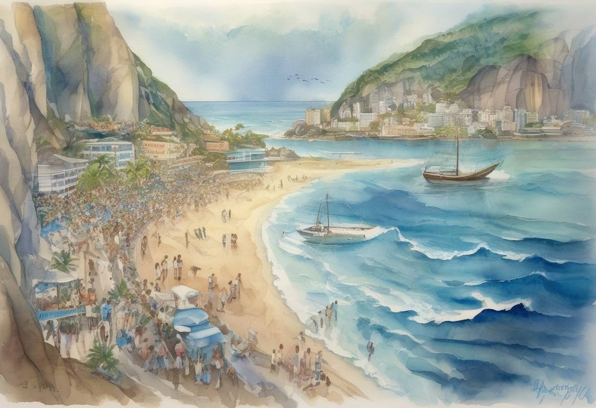 Watercolor painting based depiction of The first World Oceans Day is celebrated, raising awareness about the importance of the ocean and its resources. (1992)