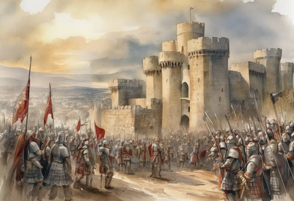 Watercolor painting based depiction of The First Crusade: Crusaders led by Godfrey of Bouillon began the Siege of Antioch, a pivotal event in the First Crusade aimed at capturing the city from the Seljuk Turks. (1097)