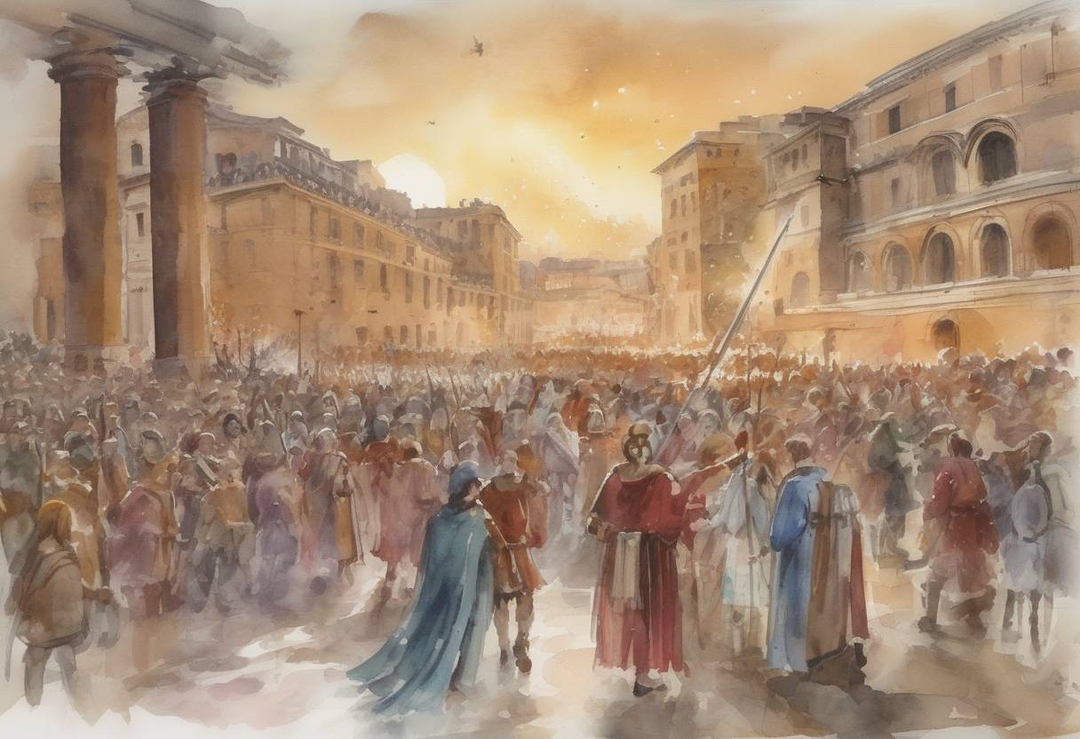 Watercolor painting based depiction of The first recorded celebration of Christmas on December 25 took place in Rome. This date was chosen to coincide with the Roman festival of Saturnalia and the winter solstice, marking the birth of Jesus Christ in Christian tradition. (336)