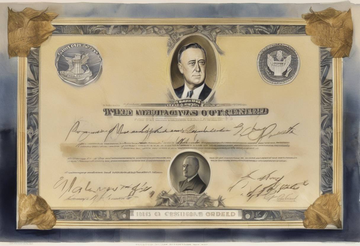 Watercolor painting based depiction of U.S. President Franklin D. Roosevelt signed Executive Order 6102, which required Americans to surrender their gold coins, gold bullion, and gold certificates to the Federal Reserve in exchange for paper currency. (1933)