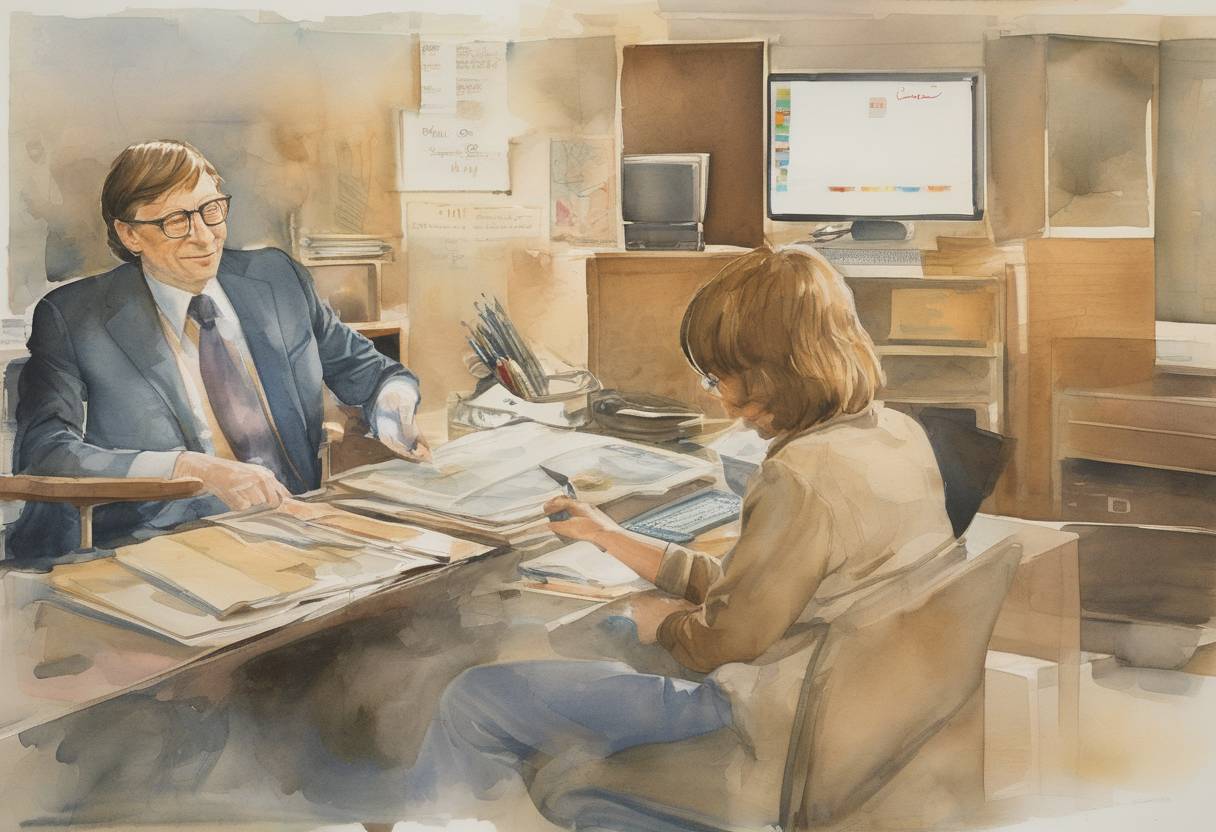Watercolor painting based depiction of Bill Gates used the name 'Micro-soft' in a letter to Paul Allen to refer to their partnership, marking the first use of the name Microsoft. (1975)