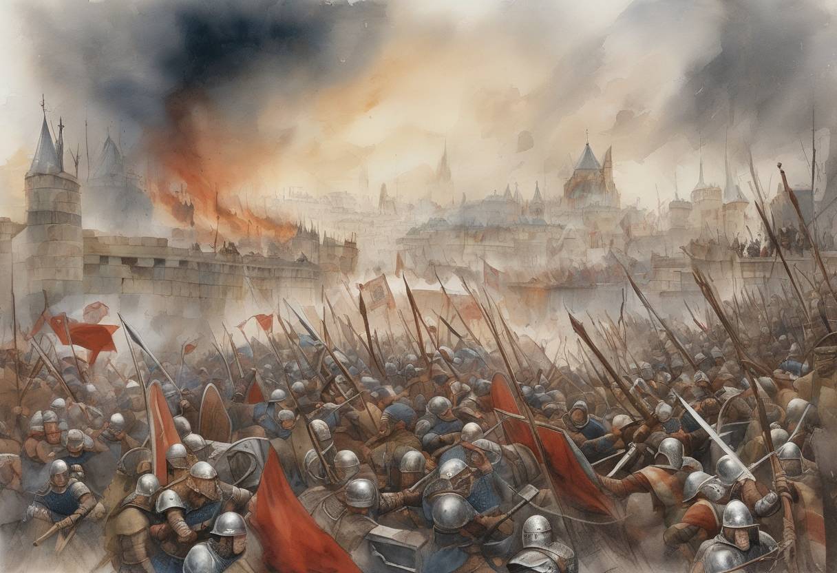Watercolor painting based depiction of The Siege of Paris by Viking forces begins. The Vikings, led by Sigfred and Sinric, launch an attack on the city, which was a significant event during the Viking invasions of France. (885)