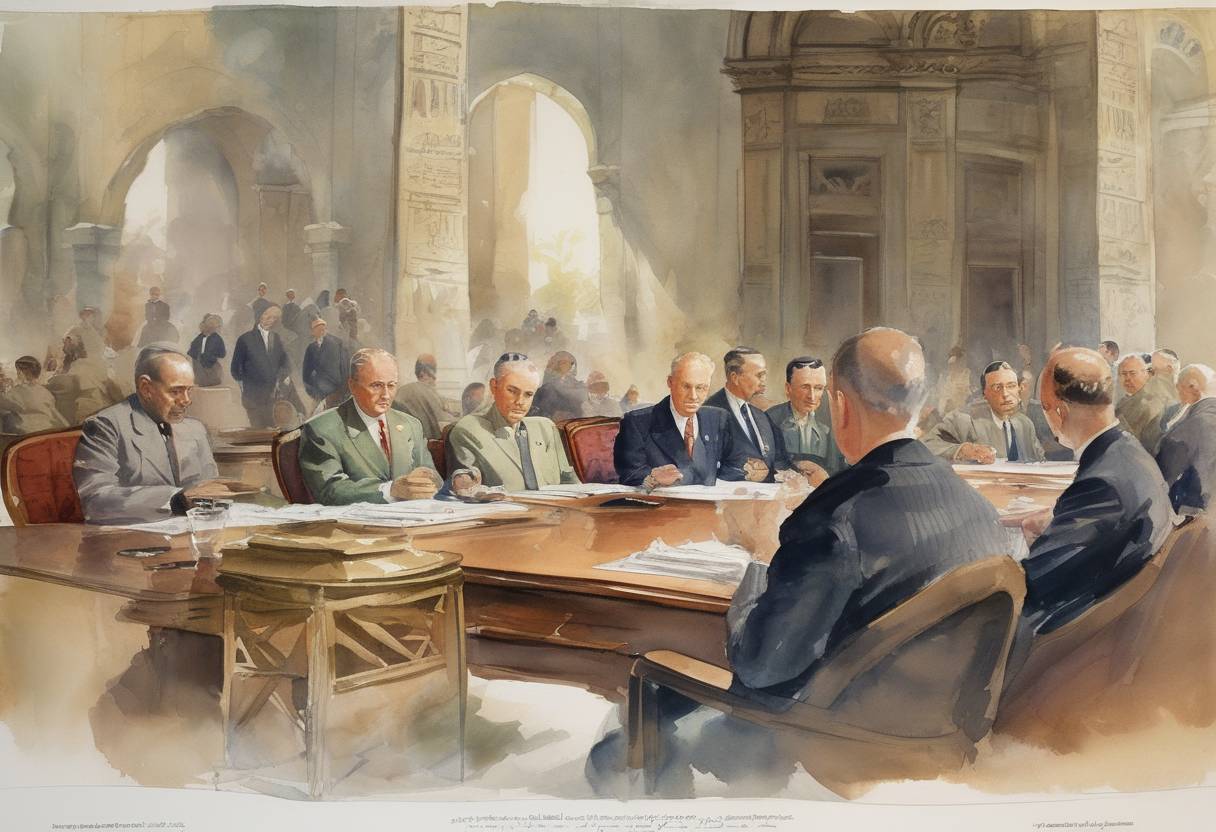 Watercolor painting based depiction of The Cairo Conference began, where Allied leaders discussed the progress of World War II and post-war Asia. (1943)