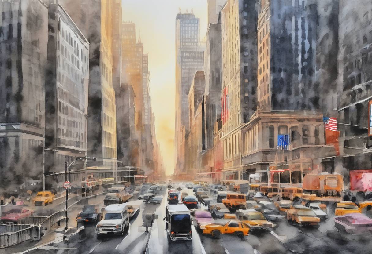 Watercolor painting based depiction of The Dow Jones Industrial Average fell by nearly 3,000 points, marking the largest single-day point drop in history, as fears over the COVID-19 pandemic escalated. (2020)