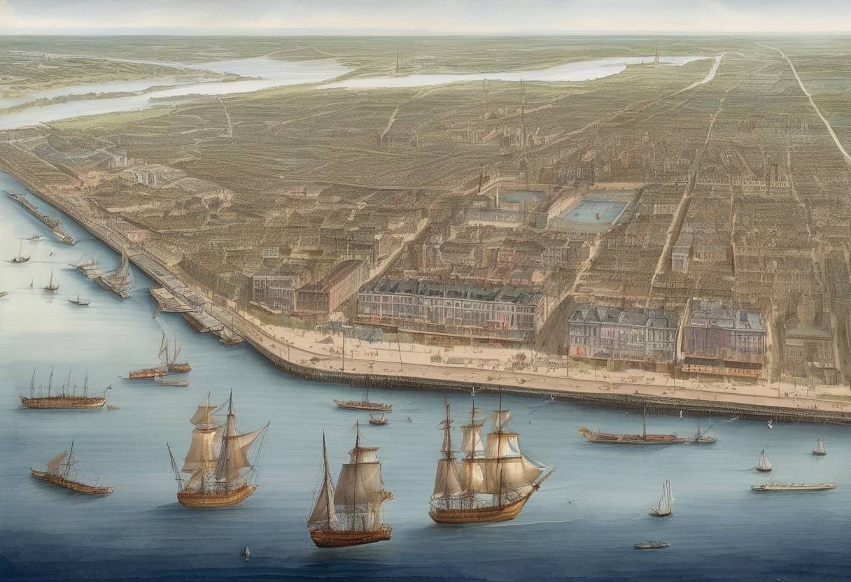 Watercolor painting based depiction of The French founded the city of New Orleans, which would become a major port and cultural center in the United States. (1718)