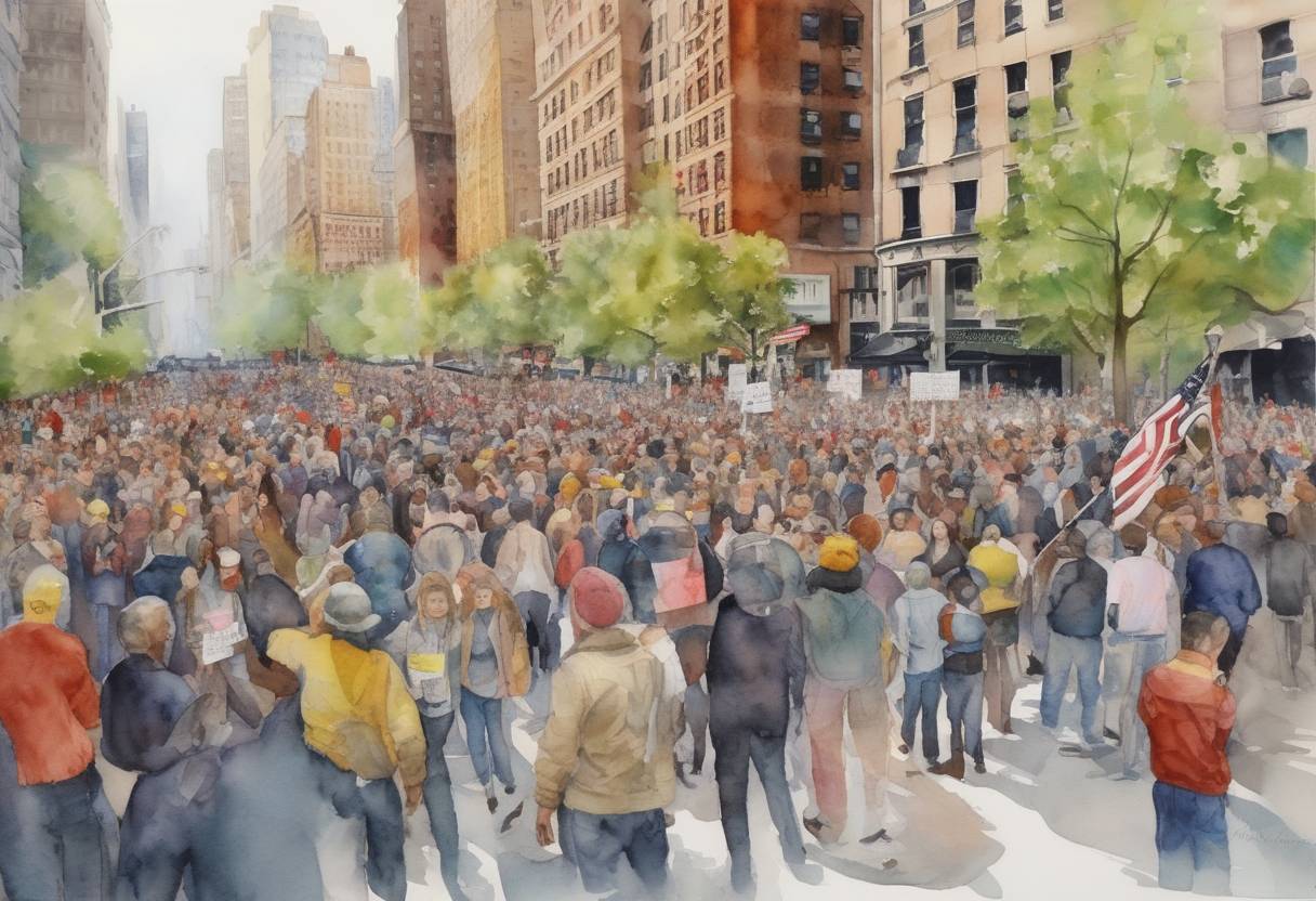 Watercolor painting based depiction of The global 'Occupy' protests took place, inspired by the Occupy Wall Street movement, with demonstrations in over 950 cities across 82 countries. (2011)