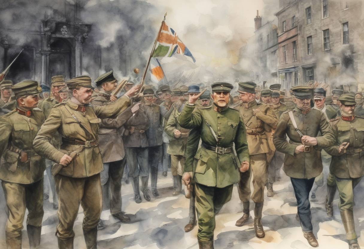 Watercolor painting based depiction of The Easter Rising in Ireland ends with the unconditional surrender of Irish nationalists to British forces. (1916)