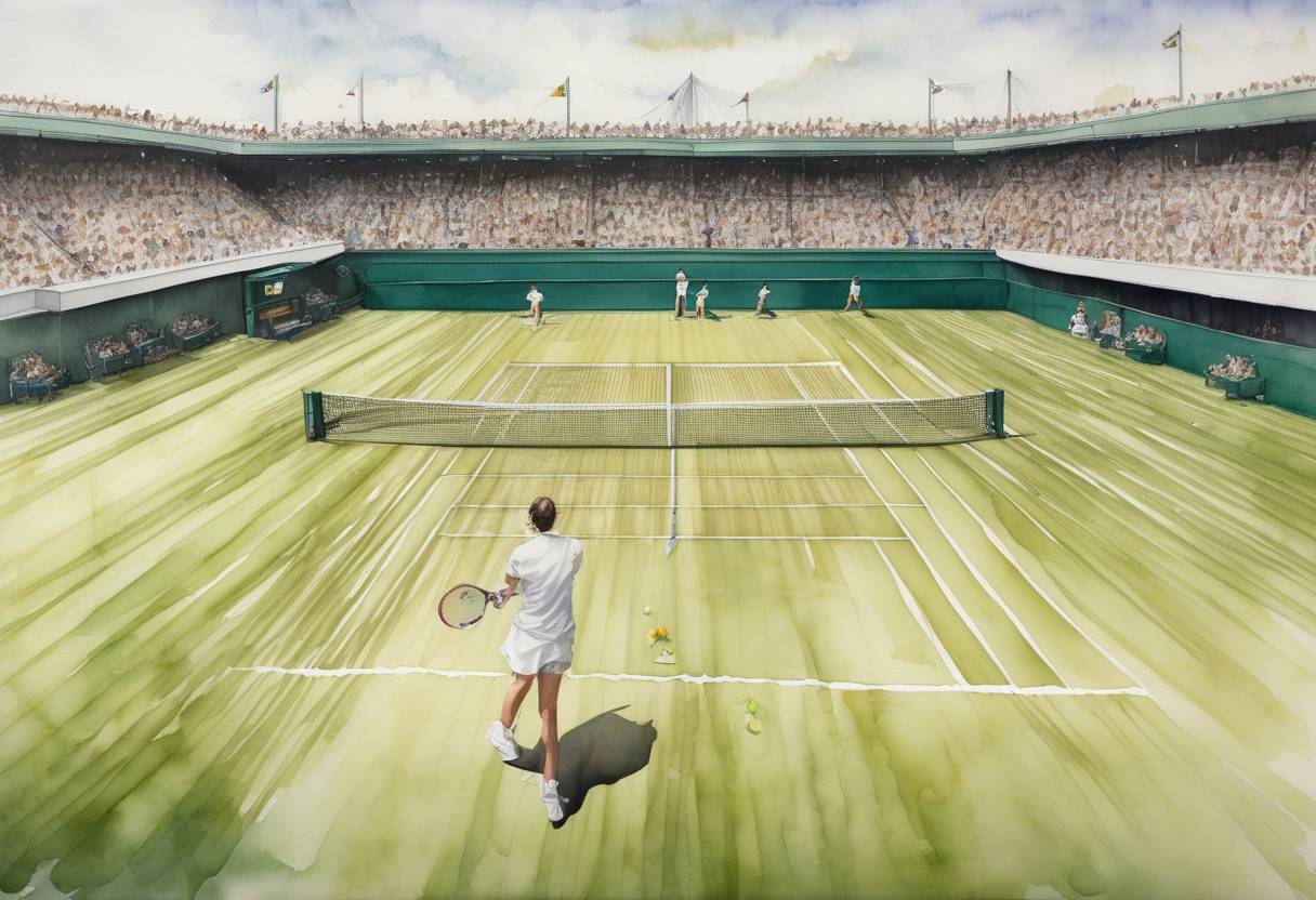Watercolor painting based depiction of The longest match in tennis history begins at Wimbledon, lasting over three days. (2010)