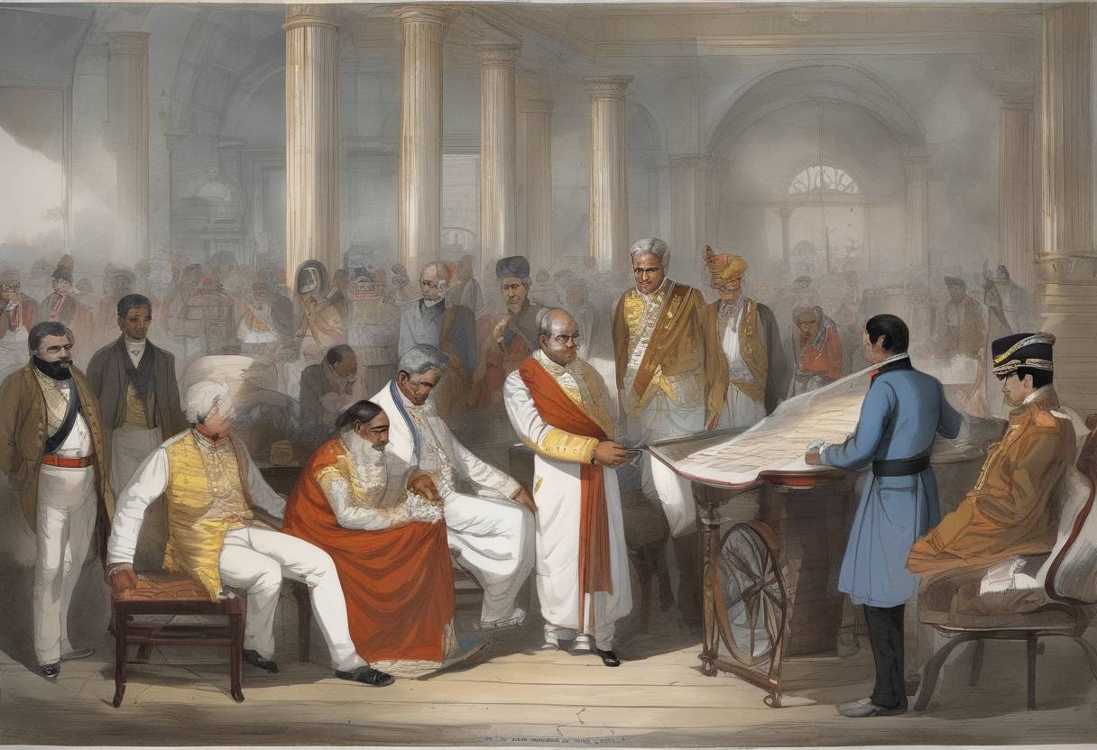 Watercolor painting based depiction of In the face of mounting opposition, British Governor-General Lord William Bentinck issues a regulation declaring that all who abet suttee in India are guilty of culpable homicide. (1829)