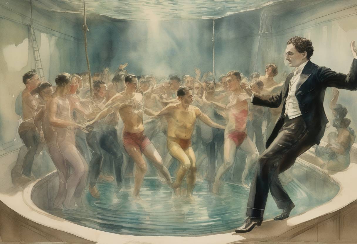 Watercolor painting based depiction of Harry Houdini performed his greatest feat, spending 91 minutes underwater in a sealed tank before escaping. (1926)