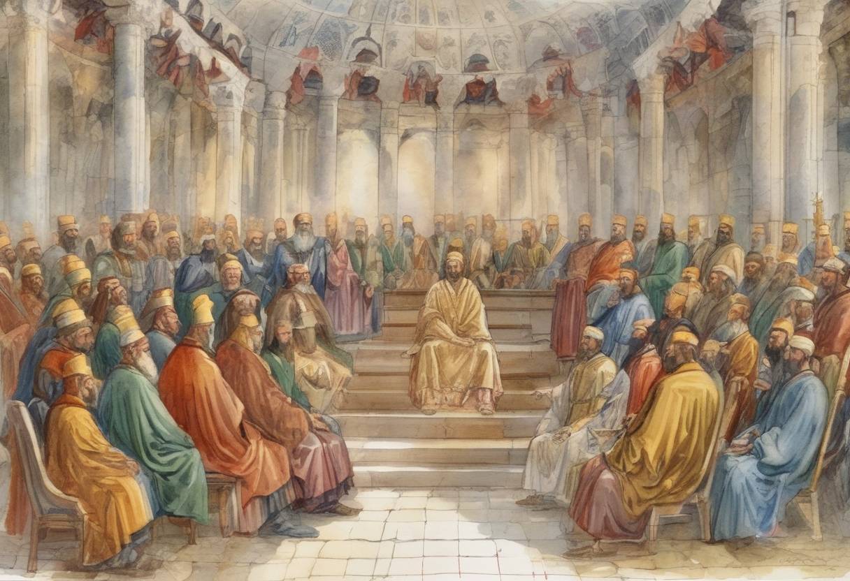 Watercolor painting based depiction of The Sixth Ecumenical Council, also known as the Third Council of Constantinople, concluded. This council was significant in addressing the Monothelitism controversy, affirming the doctrine of two wills in Christ, divine and human, in opposition to the Monothelite position. (681)