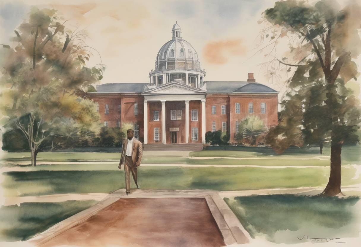 Watercolor painting based depiction of James Meredith became the first African American student to enroll at the University of Mississippi, an event that required federal intervention to enforce. (1962)