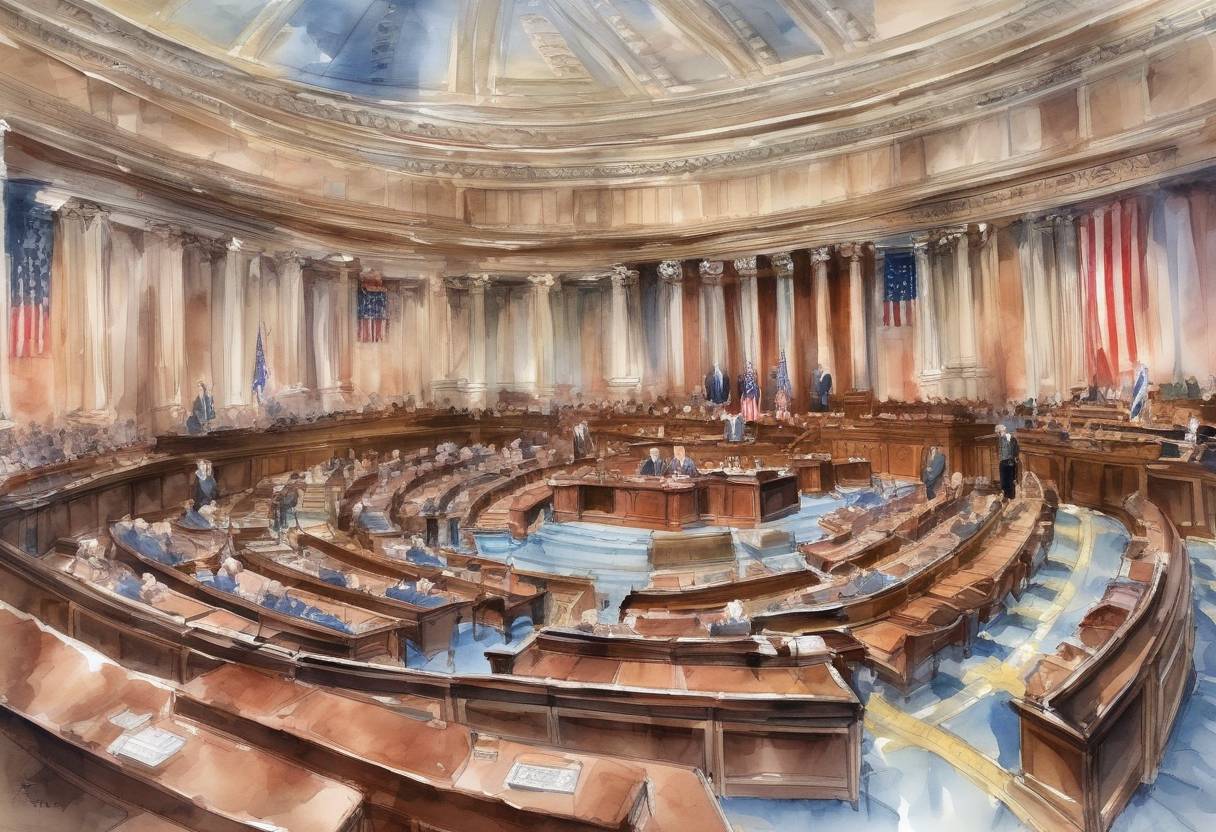 Watercolor painting based depiction of The United States House of Representatives impeached President Donald Trump on charges of abuse of power and obstruction of Congress, making him the third U.S. president to be impeached. (2019)