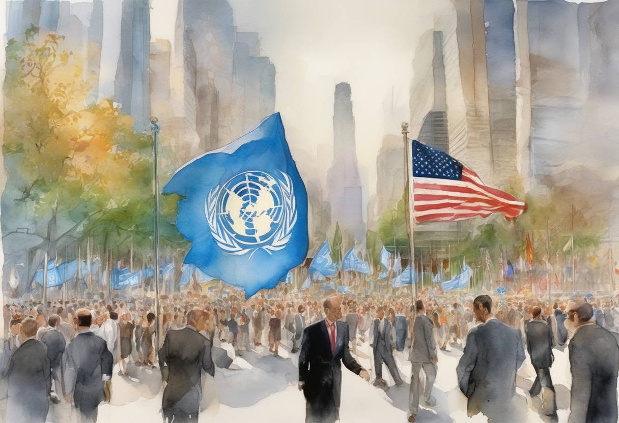 Watercolor painting based depiction of The United Nations Convention against Corruption was adopted by the General Assembly. (2003)