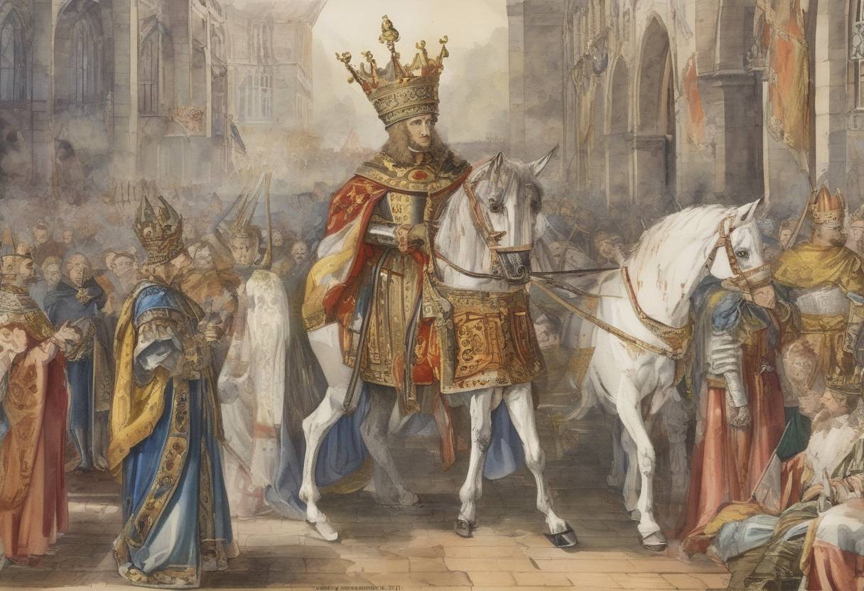 Watercolor painting based depiction of Rudolf I of Habsburg was elected King of Germany, marking the beginning of the Habsburg dynasty's influence in European politics. (1273)