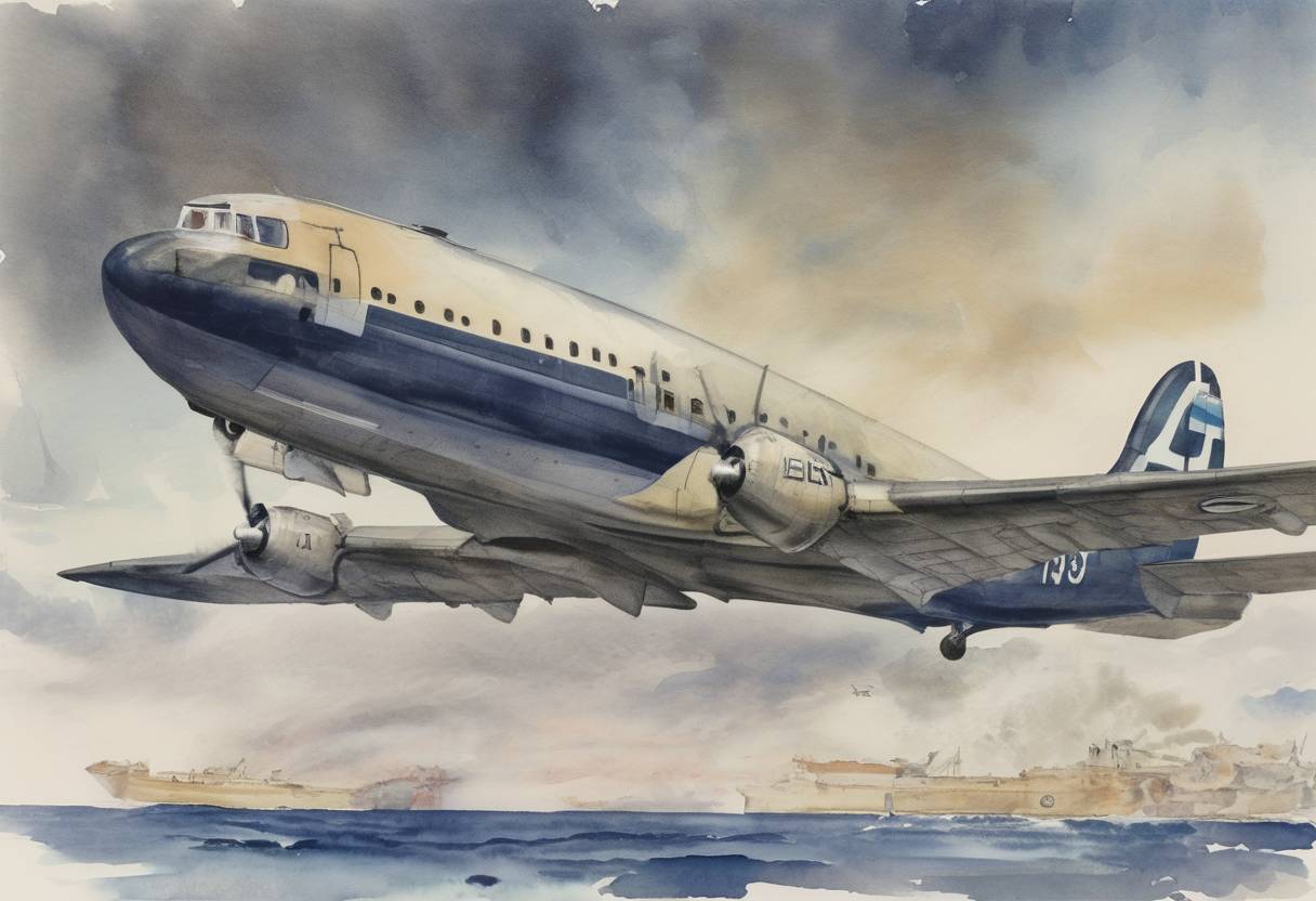 Watercolor painting based depiction of The British Overseas Airways Corporation (BOAC) Flight 777 was shot down by German aircraft over the Bay of Biscay, killing all 17 on board, including actor Leslie Howard. (1943)