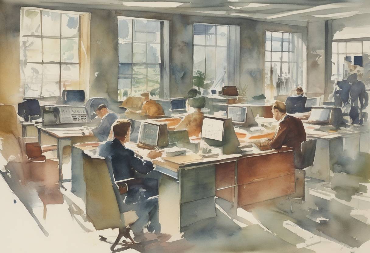 Watercolor painting based depiction of The first BASIC program was run on a computer at Dartmouth College, marking the beginning of widespread use of the BASIC programming language in education and business. (1964)