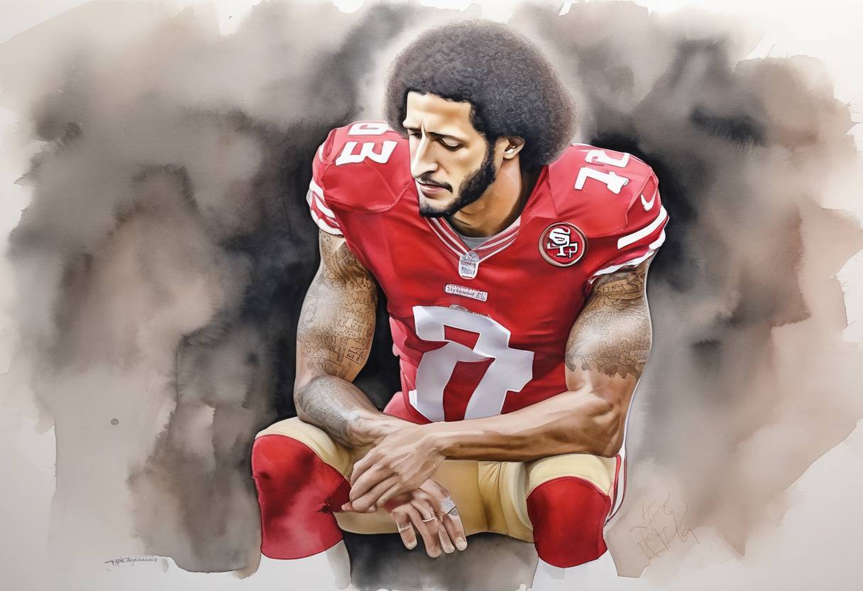 Watercolor painting based depiction of Colin Kaepernick, a quarterback for the San Francisco 49ers, gained national attention for kneeling during the national anthem to protest racial injustice and police brutality. (2016)