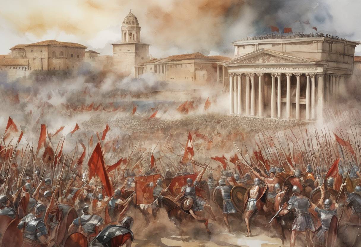 Watercolor painting based depiction of The Second Battle of Bedriacum takes place, where the forces of Emperor Vitellius are defeated by the troops of Vespasian, leading to Vespasian's rise to power as Roman Emperor. (69)
