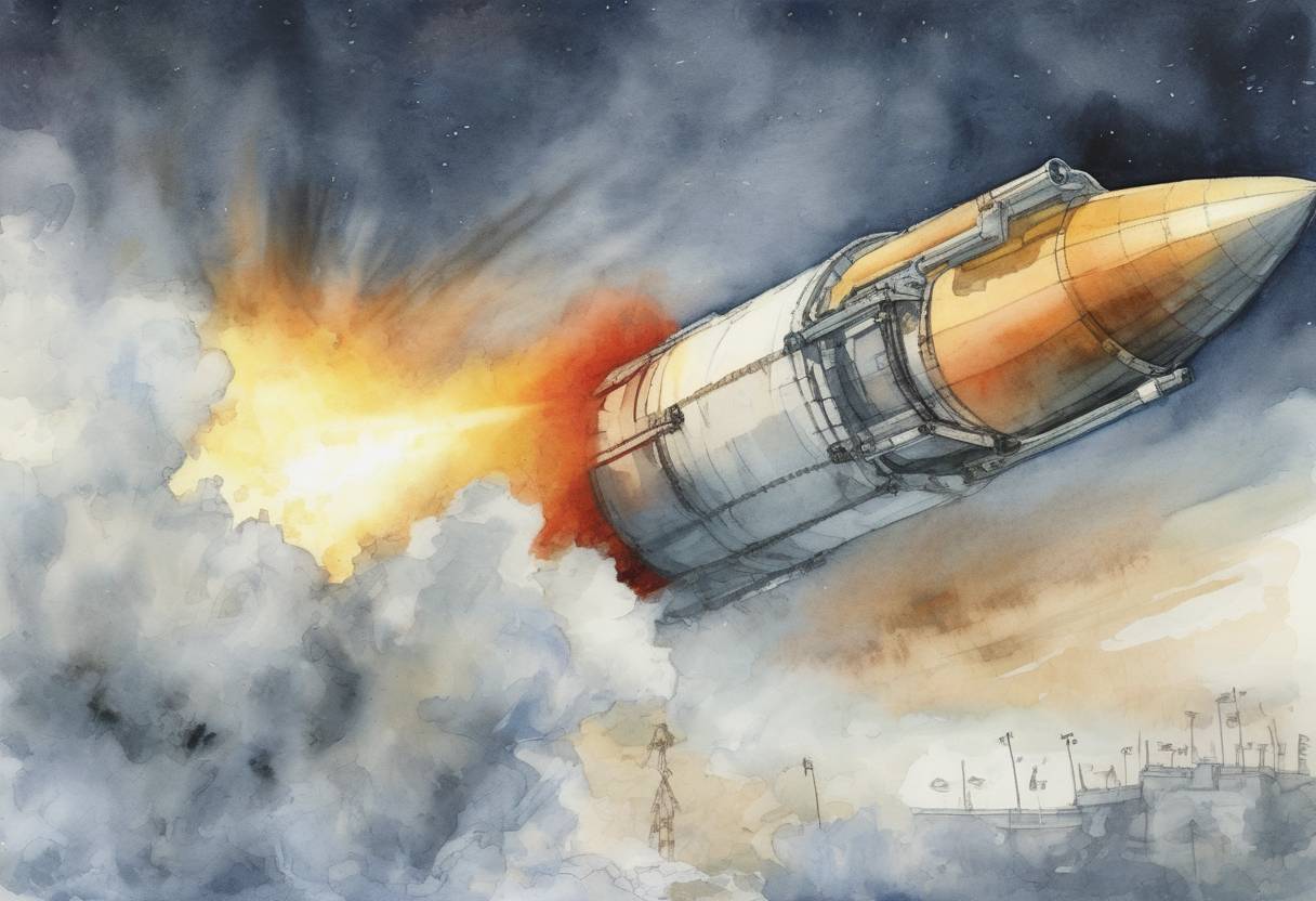 Watercolor painting based depiction of North Korea launched a long-range rocket, which it claimed was a satellite launch, but was widely condemned as a test of ballistic missile technology. (2009)