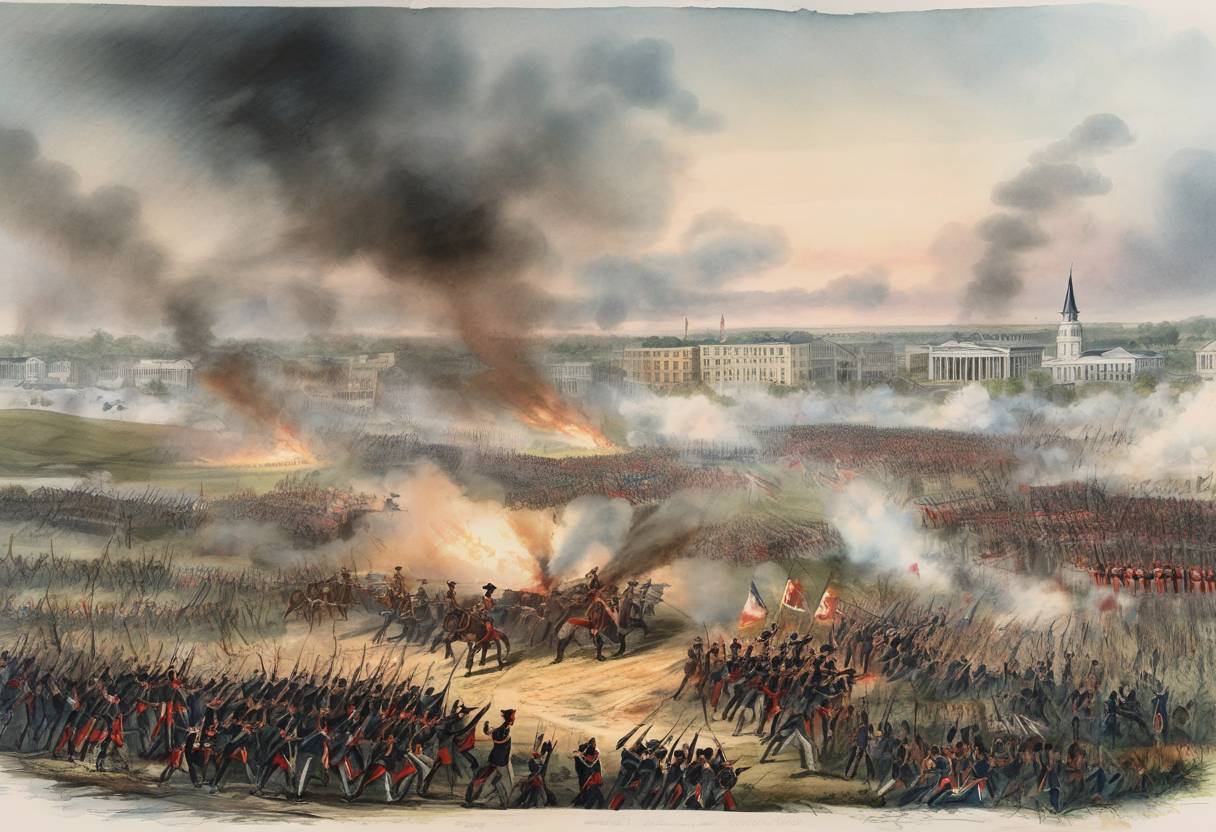 Watercolor painting based depiction of The Battle of New Orleans was fought, marking the last major battle of the War of 1812. American forces under General Andrew Jackson defeated the British Army, despite the war having officially ended with the Treaty of Ghent. (1815)